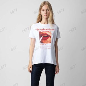 24 camiseta de diseñador de principios de primavera nueva camiseta de manga corta blanca de algodón con estampado Digital de labios rojos ardientes franceses para fumar