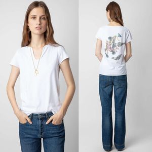 24 Début du printemps Zadig Voltaire Nouveau Niche Femmes Designer T-shirt Pull Slim Classique Dos Crâne Papillon Hot Diamond U-cou Simple Coton Polyvalent T-shirt À Manches Courtes