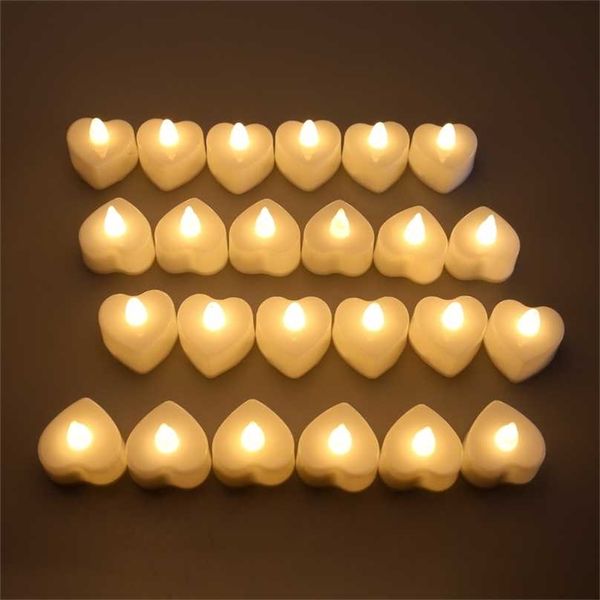 24 velas LED pequeñas sin llama para el hogar, fiesta de Navidad, decoración de bodas, velas electrónicas en forma de corazón, batería de energía 211222
