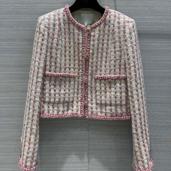 24 FW Casacos femininos jaqueta bordado algodão tweed blouson com botões de letras vintage designer casaco meninas milão pista rosa designer tops trança outwear blazer