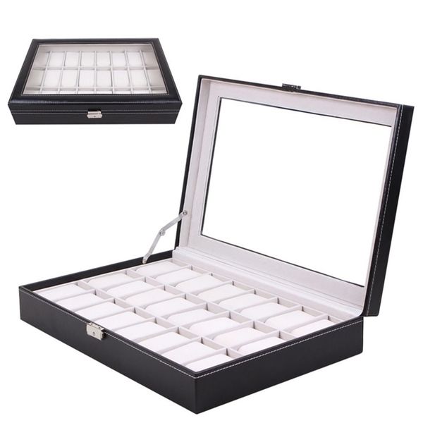 Caja de reloj de pulsera de cuero PU negro con 24 rejillas, caja de almacenamiento de joyería, organizador, soporte, almohadilla de espuma, almohada, paquete transparente T200523