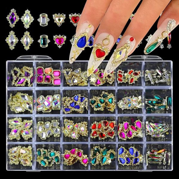 24 rejillas en caja de diamantes brillantes para decoración de uñas, juego de diamantes de imitación de cristal con pegamento para uñas, decoración artística, accesorios de manicura DIY 240202