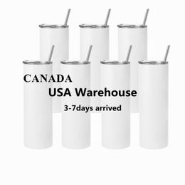 24 uur verzending US Warehouse 20oz Warmtesublimatie Blanks Tumblers Rechte kopjes met deksel Rietjes Roestvrijstalen reismokken Slanke waterflessen