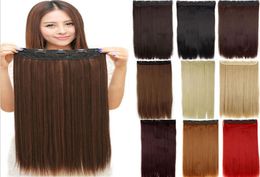 Extensions capillaires synthétiques à clips pour femmes, 24 pouces, 60cm de long, lisses, noires, brunes, haute température, 130g3199127