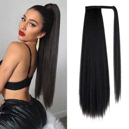 24 inch 56 cm Synthetische Paardenstaart Hair Extensions YAKI Staight Wrap Around Paardenstaarten Paardenstaart Haar Stuk D2013