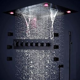 24 Pouces Salle De Bains Noir Ensemble De Douche Grand SUS304 6 Fonctions Pommeau De Douche Systerm Mitigeur Thermostatique Cascade Jets Led Plafond Lig228j