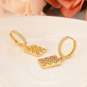 24 k Fine solide jaune or GF carré brillant CZ boucles d'oreilles géométrique femmes/fille amour bijoux à la mode anniversaire de mariage