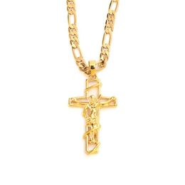 24 K Solid Fine Yellow Gold GF Mens Jezus Crucifix Cross Pendant Frame 3m MM Italiaanse Figaro Link Chain Necklace 60cm242y