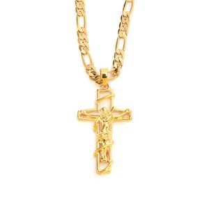 24 k Solid Fine Yellow Gold GF Mens Jesus Crucifix Cross Hanger Frame 3mm Italiaanse Figaro Link Chain Ketting 60cm253S