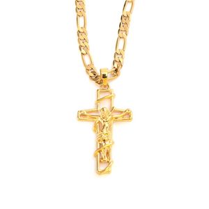 Collier avec pendentif en croix Crucifix de jésus pour hommes, en or jaune fin massif 24 carats, cadre de 3mm, chaîne à maillons Figaro italien, 60cm262O