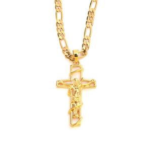 Collier avec pendentif en croix Crucifix de jésus pour hommes, en or jaune fin massif 24 carats, cadre de 3mm, chaîne à maillons Figaro italien, 60cm255t