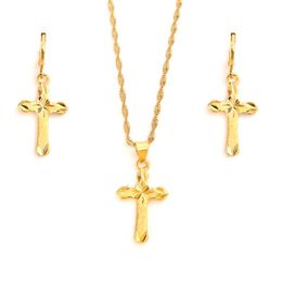 24 k jaune or fin GF petit Mini timbre fiscal croix pendentif chaîne boucles d'oreilles ensemble bijoux chrétiens femmes fille Jésus cadeau 205V