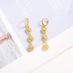 24 k Geel Fijn Massief Goud 3 Hart Dangle Kroonluchter sluit verlenging Oorbellen Vrouwen Grote Liefde Trendy mode-sieraden Tall gift