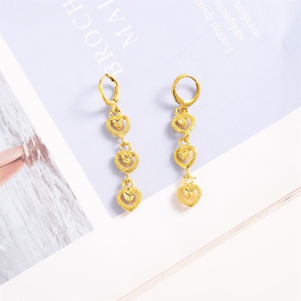 24 k Amarillo Fino Oro Sólido 3 Corazón Cuelga Araña conectar Pendientes alargados Mujeres Gran Amor Joyería de moda de moda Alto 251C