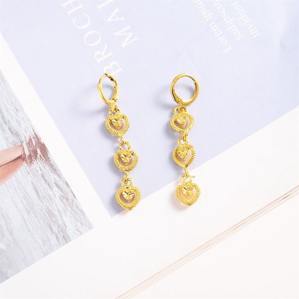 24 k Amarillo Fino Oro Sólido 3 Corazón Cuelga Araña conectar Pendientes alargados Mujeres Gran Amor Joyería de moda de moda Alto 239a