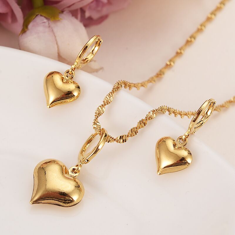 24 k jaune solide or rempli beau coeur pendentif colliers boucles d'oreilles femmes filles parti bijoux ensembles cadeaux diy charmes