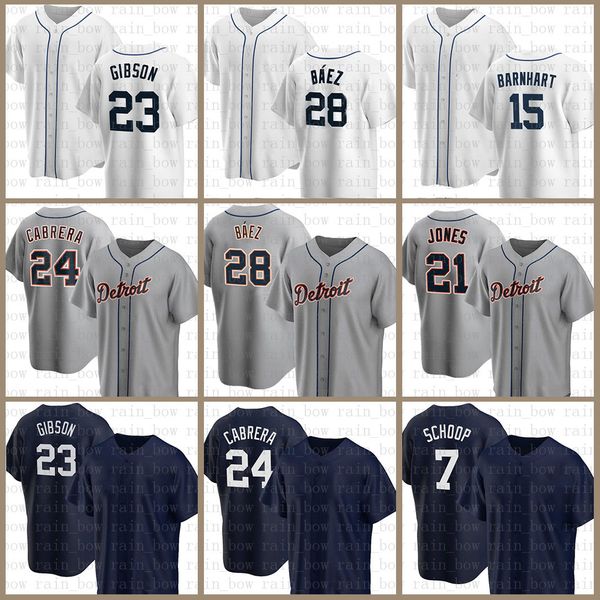 Jersey de béisbol de los Tigres 28 Javier Baez Miguel Cabrera Kirk Gibson Tucker Barnhart Jacoby Jones Dustin Garneau Jake Rogers Jonathan Schoop Eric Haase Robbie Grossman