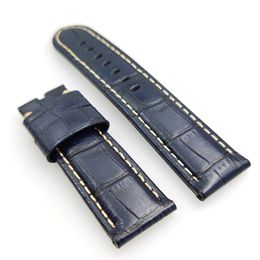 Bracelet en cuir de veau grain de crocodile bleu foncé 24 mm - 22 mm, bracelet à point kaki adapté à la montre PAM PAM111