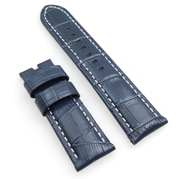 Bracelet en cuir de veau grain de crocodile bleu foncé 24 mm - 22 mm, point blanc, adapté à la montre PAM PAM111