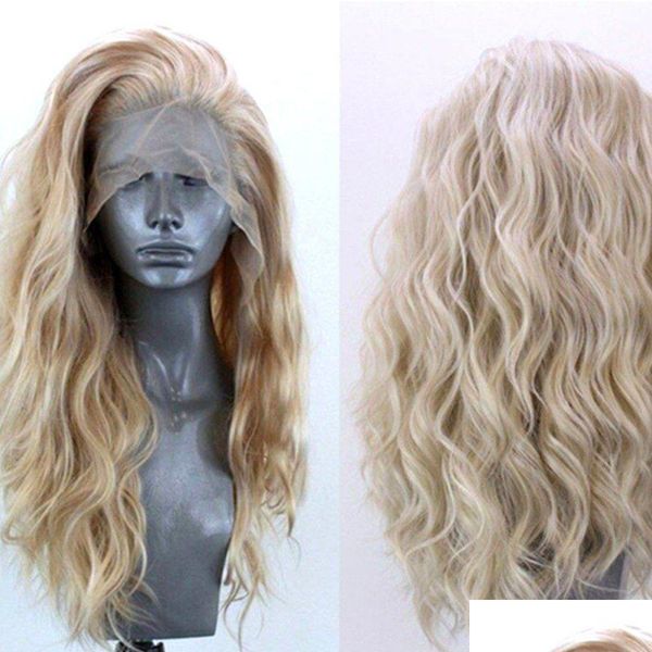 24 perruque ondulée naturelle femmes dame blond doré bouclés dentelle avant cheveux synthétiques livraison directe Dhn3V
