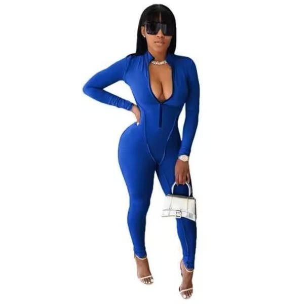 24 Nouvelle grande taille 2X femmes sexy boîte de nuit portant des combinaisons de couleur unie décontracté fermeture éclair manches longues barboteuses skinny noir body