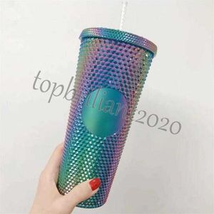 Taza de café con vaso de taza fría con tachuelas de unicornio iridiscente de Starbucks personalizado Durian de 24 oz con paja de plásticoV8SUV8S278W