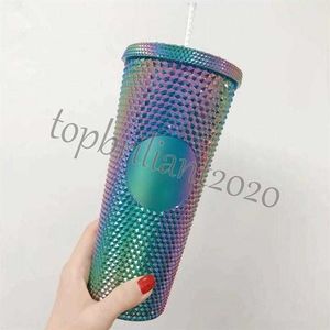 24 oz Durian gepersonaliseerde Starbucks iriserende bling regenboog eenhoorn bezaaid koude kop Tumbler koffiemok met plastic rietjeV8SUV8S255T