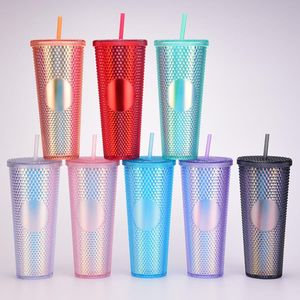 24 oz mokken gepersonaliseerde star-bucks iriserende bling regenboog eenhoorn bezaaid cold cup tumbler koffiemok met stro SN4452