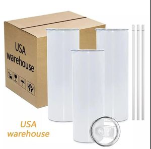 US CA Warehouse Sublimación en blanco Tumblers 20 oz Tazas rectas de acero inoxidable Vaso blanco con tapas y regalo de transferencia de calor de paja