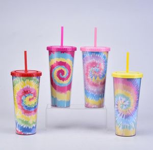 24 OZ TIE-DYE TULPER met deksel en herbruikbare stro kleurrijke dubbele muur geïsoleerde reismok Cup SN5638