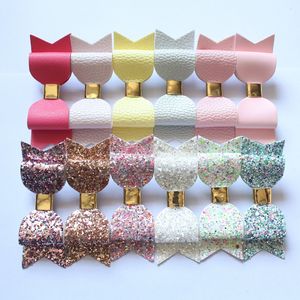 24 Uds. Doble lazo para el cabello Prince Cute Kids Girl horquillas Faux Glitter fieltro Litchi Stria Baby PU cuero Hair Grip Stripe Gold Clip Barrettes