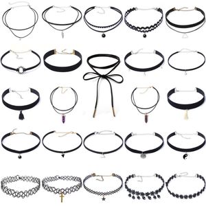 24 stks mode zwart fluwelen choker kant ketting set tattoo kraag hanger kwasten voor charme vrouwen chokers ketting CJ191223