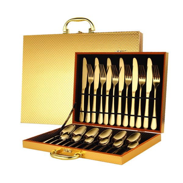 24 pcs or couverts ensemble en acier inoxydable argenterie cuillère fourchette couteau vaisselle ensemble maison fête vaisselle avec boîte meilleur cadeau Y200111