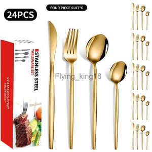 24 pc's gouden bestek sets keuken servies roestvrijstalen messmesvorken lepels zilverwerk platte set servies set hkd230812