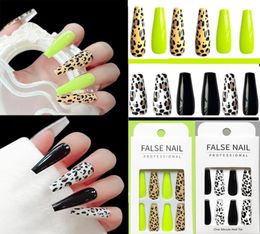 24 pièces ensemble faux ongles imprimé léopard extra long cercueil faux ongles élégant brillant fluorescent acrylique ongles conseils outil de manucure 3628620