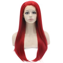 24" de long rouge soyeux perruque droite cheveux synthétiques résistant à la chaleur avant de lacet perruque de mode cosplay