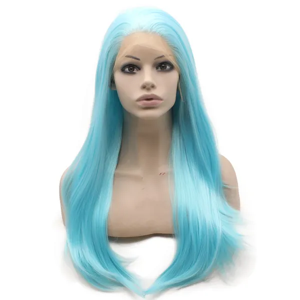 Perruque synthétique bleu clair de 61 cm de long avec perruque avant en dentelle Drag Queen Cosplay Party Wig