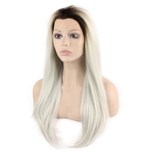 Perruque Lace Front Wig synthétique lisse et soyeuse, 24 pouces de Long, racine foncée ombrée, bleu clair, moitié attachée à la main, résistante à la chaleur, perruque à la mode S02