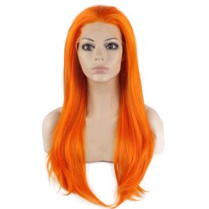 Perruque Lace Front Wig synthétique lisse et soyeuse, 24 pouces, demi-main, résistante à la chaleur, Orange, perruque de fête Cosplay à la mode, S02