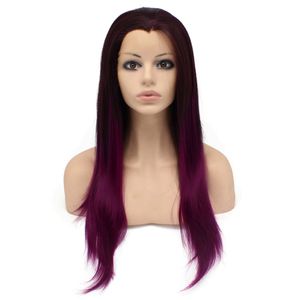 Perruque Lace Front Wig synthétique lisse et soyeuse, 24 pouces de Long, deux tons ombré marron violet, moitié attachée à la main, résistante à la chaleur, en Fiber synthétique, à la mode, S02