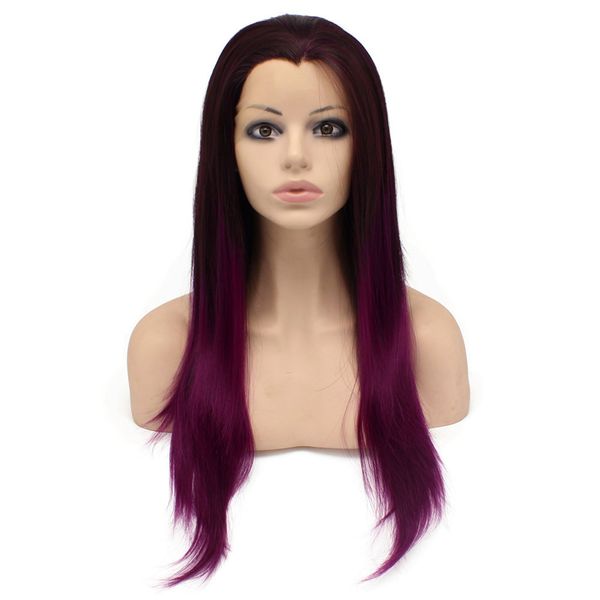 Perruque Lace Front Wig synthétique lisse et soyeuse, 24 pouces de Long, deux tons ombré marron violet, moitié attachée à la main, résistante à la chaleur, en Fiber synthétique, à la mode, S02