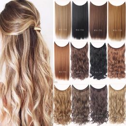 24 "vrouwen onzichtbare draad geen clips in vislijn hair extensions recht golvend lang hittebestendig synthetisch haarstukje