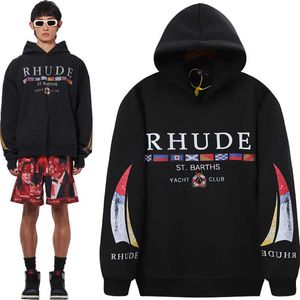 24 RHUDE 2023 Yacht Club Multi Flag Pattern Loose Youth Pullover Pull en peluche à capuche