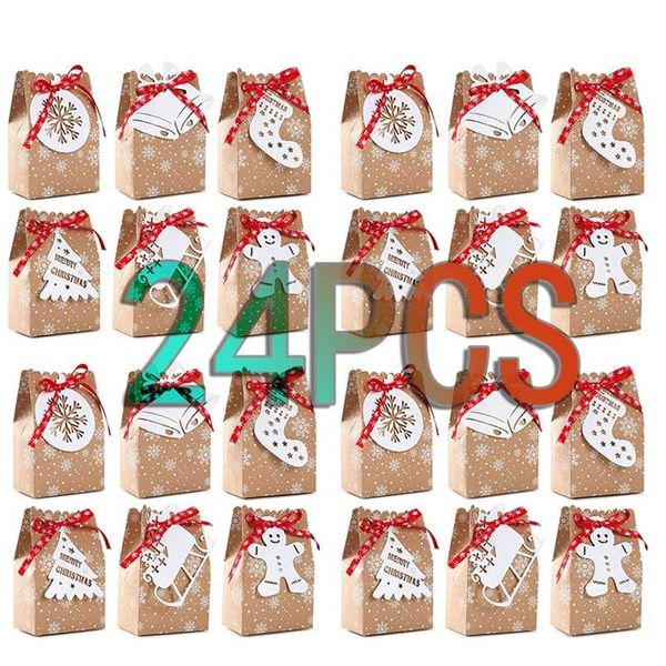 24 ensembles de sacs-cadeaux de Noël avec étiquettes 7 pouces de bonbons de Noël sacs en papier Kraft boîte d'emballage de biscuits année décorations de Noël 2022 211104