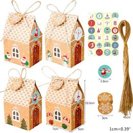 24 Sets Christmas House Geschenkdoos Kraftpapier Cookies Snoepzak Sneeuwvlok Tags 1-24 Advent Kalender Stickers Touw Feestartikelen 211216