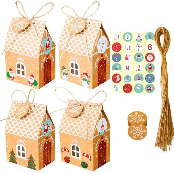 24 ensembles maison de Noël boîte-cadeau papier kraft biscuits sac de bonbons flocon de neige étiquettes 1-24 calendrier de l'avent autocollants corde de chanvre 201127