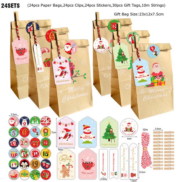 24 ensembles emballage cadeau de Noël sac en papier kraft père Noël nouvel an fête cadeau emballage poignée sacs enfant faveurs biscuits collation décoration