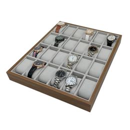 Caja de exhibición de almacenamiento de reloj de madera de grano de nogal con 24 ranuras, organizador de reloj de pulsera, bandeja de exhibición, soporte para relojes con almohadas, Estuches de regalo 240124