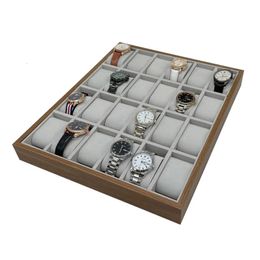 Caja de exhibición de almacenamiento de reloj de madera de grano de nogal con 24 ranuras, organizador de reloj de pulsera, bandeja de exhibición, soporte para relojes con almohadas, Estuches de regalo 240129