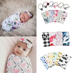 13 styles INS Sac de couchage imprimé floral pour nouveau-né avec bandeau à nœud 2pcs / set Soft Baby Swaddle Wraps Couvertures Bébé Photographic Prop M898